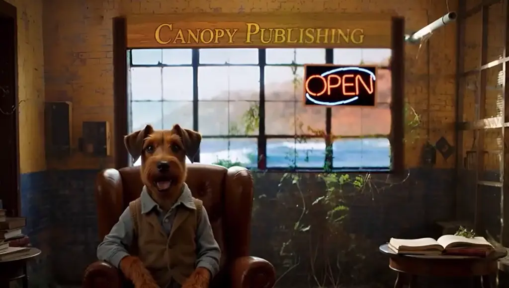 elvis in leather chair with canopy publishing logo open