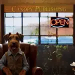 elvis in leather chair with canopy publishing logo open
